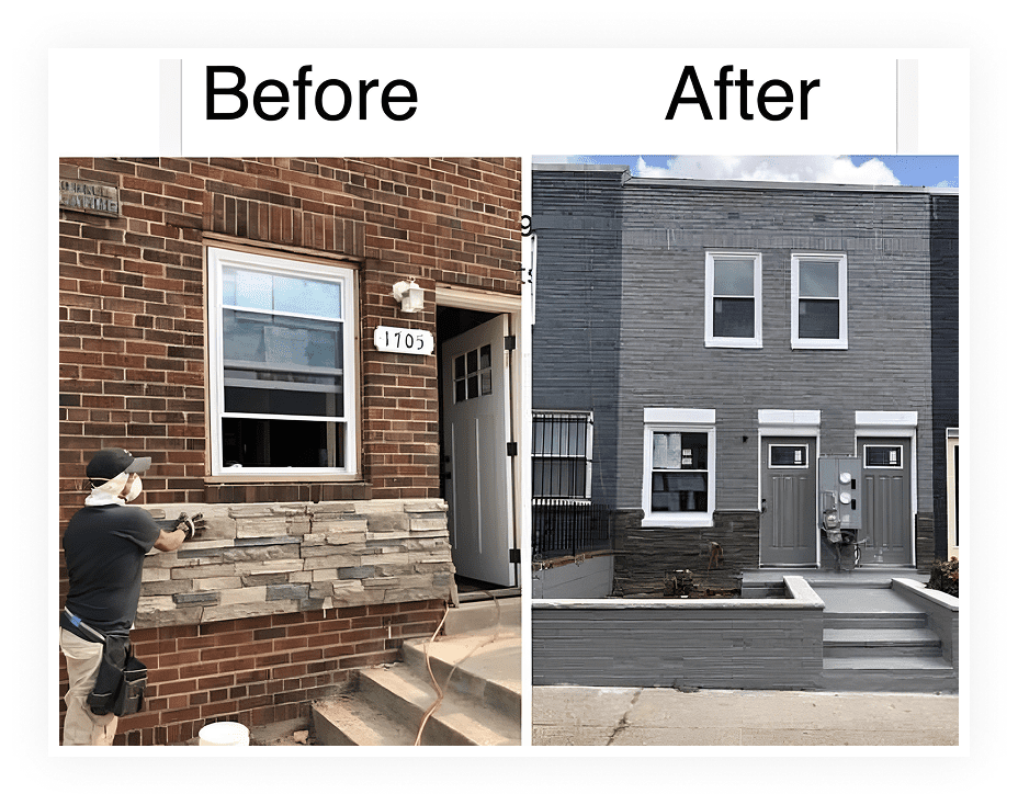 Before and after photos of a house renovation showing a fresh gray exterior.