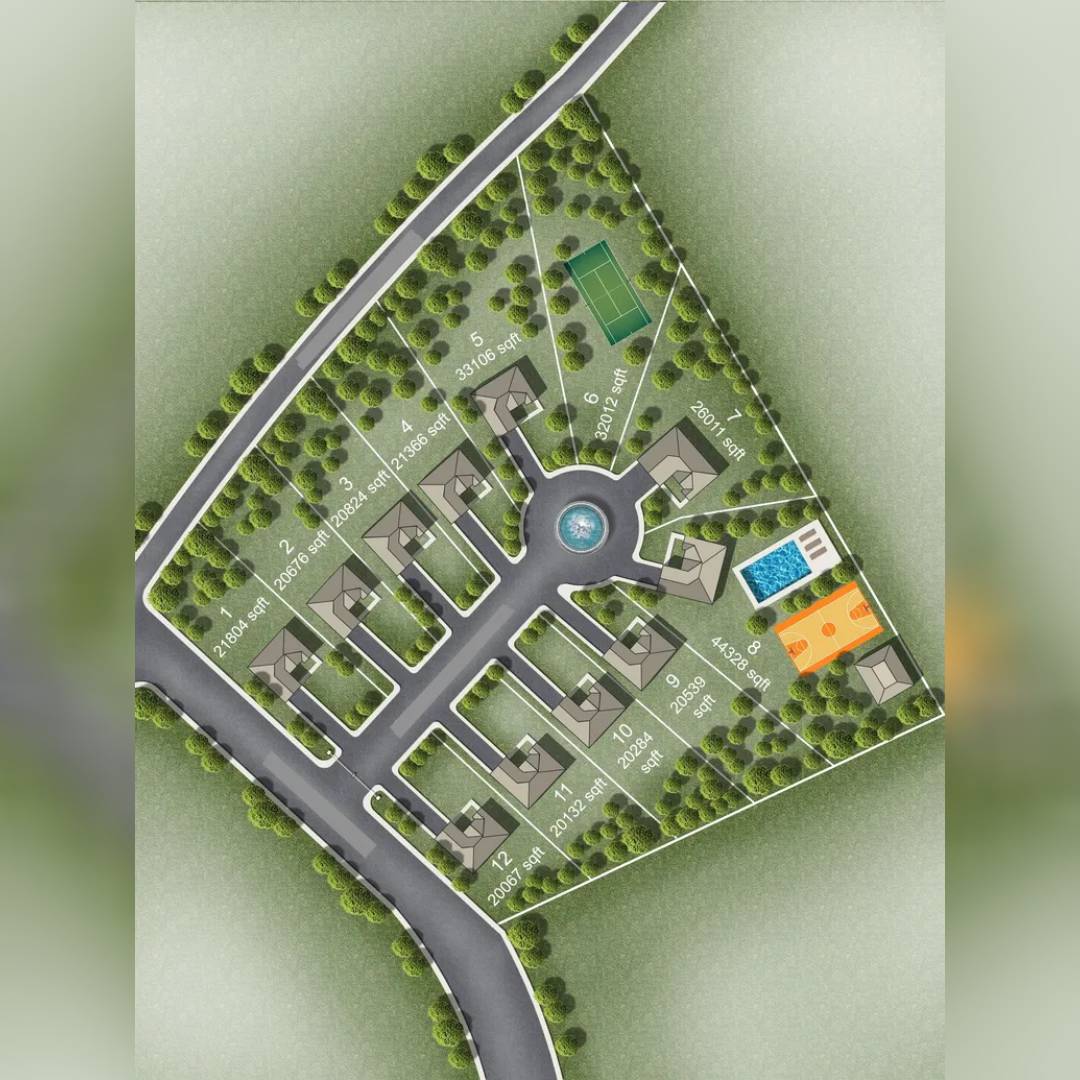 A detailed residential community layout with houses, roads, and a central roundabout.