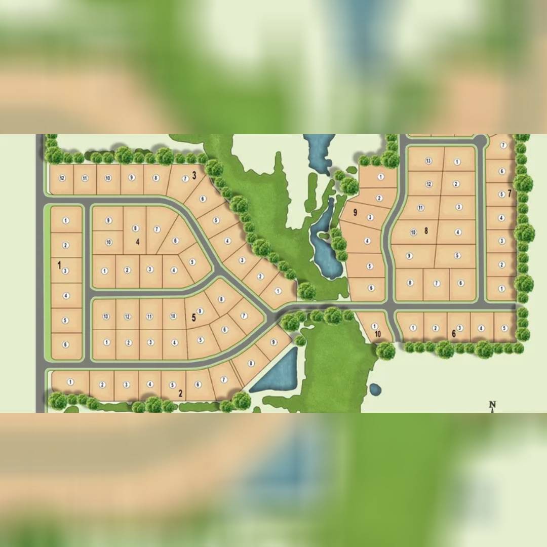 A detailed layout of a residential neighborhood with streets and green spaces.