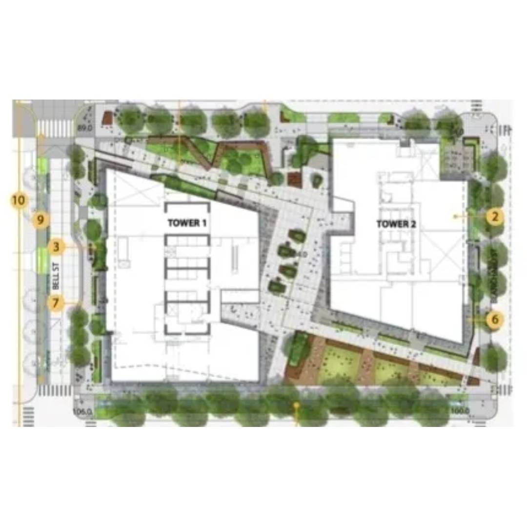 Architectural site plan showing building layout and landscaping.