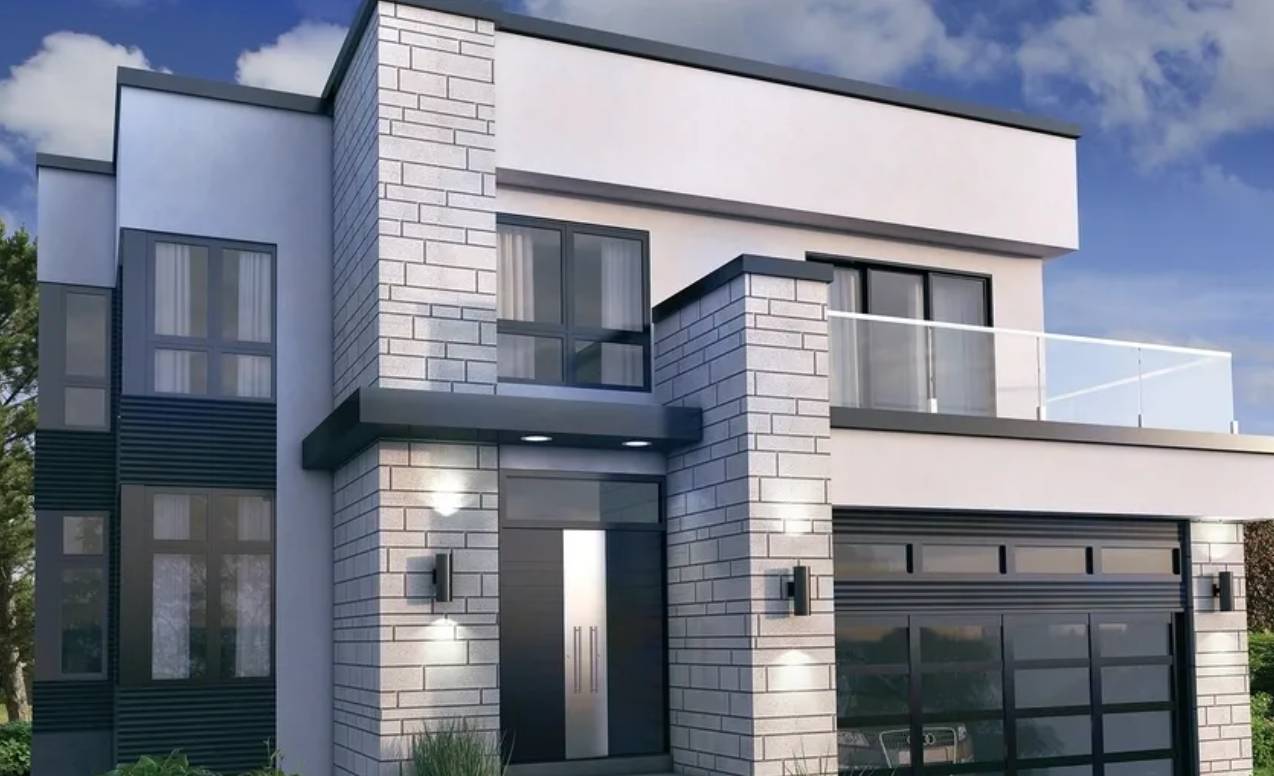 Modern two-story house with stone accents and glass balcony.