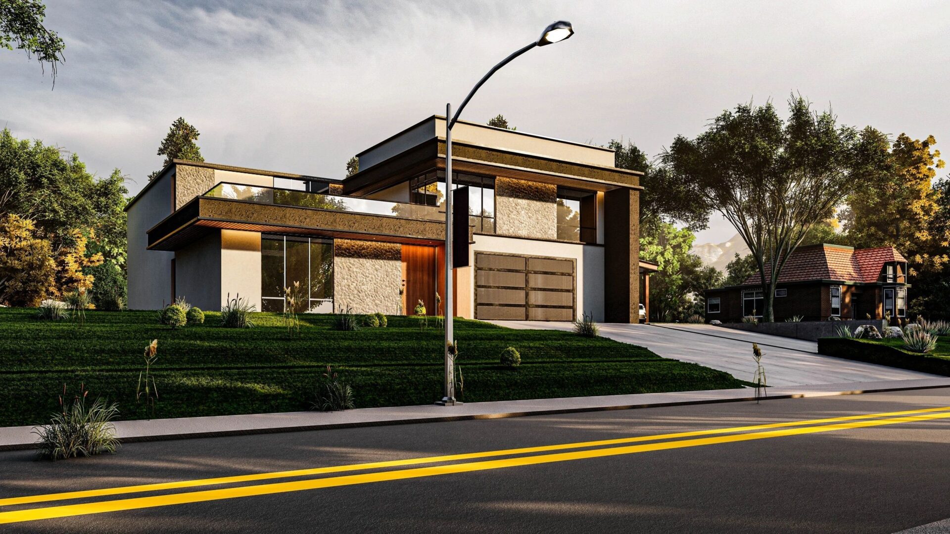 Modern two-story house with large windows and a green lawn.