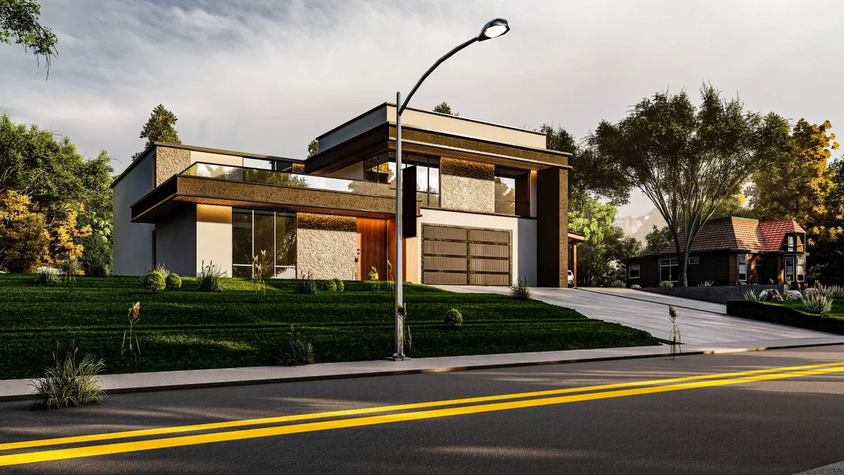 Modern two-story house with large windows and a well-maintained lawn.